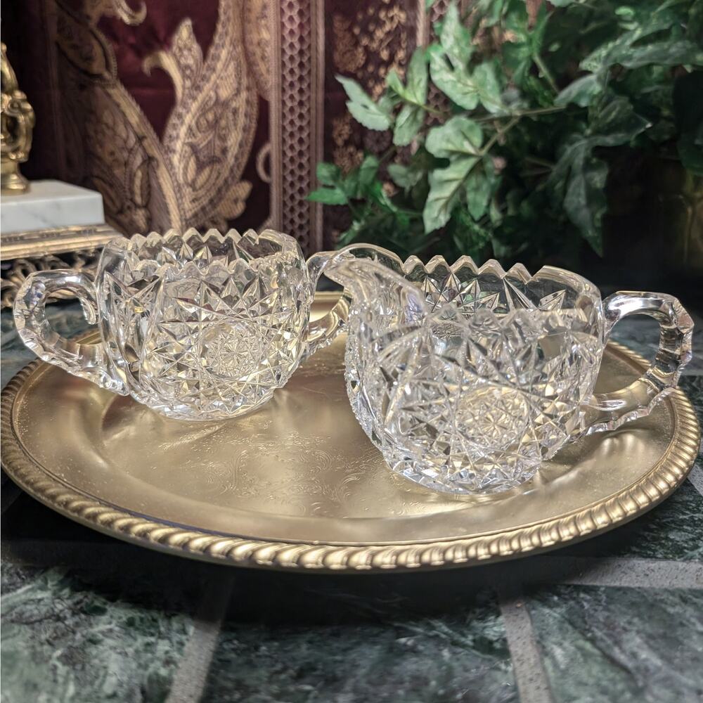 Antique American Brilliant Cut Glass Libbey Sultana Creamer & Sugar Set c1901
